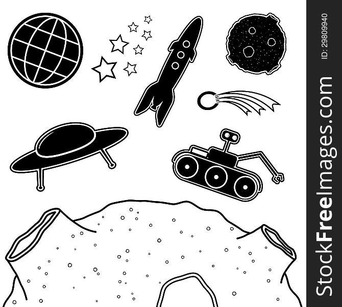 Set of cartoon space objects in black color. Set of cartoon space objects in black color