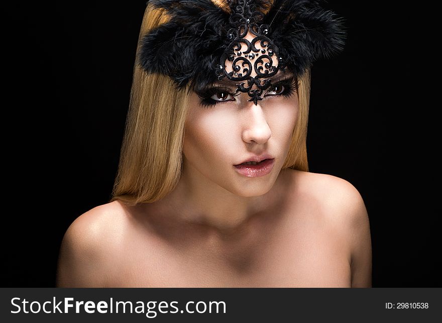 Retro Woman in Black Carnival Mask with Feathers. View. Retro Woman in Black Carnival Mask with Feathers. View