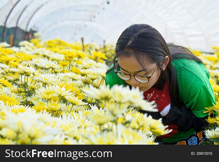 Young woman enjoying smell of flowers in the morning. Thailand. Young woman enjoying smell of flowers in the morning. Thailand