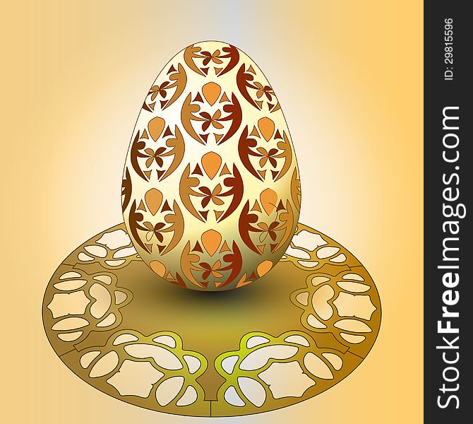 Handmade decorated easter egg on orange tray illustration