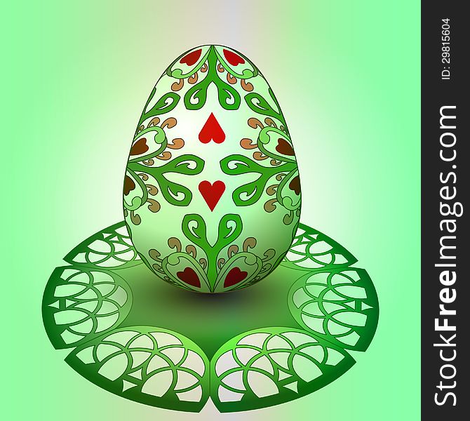 Handmade decorated easter egg on green tray illustration