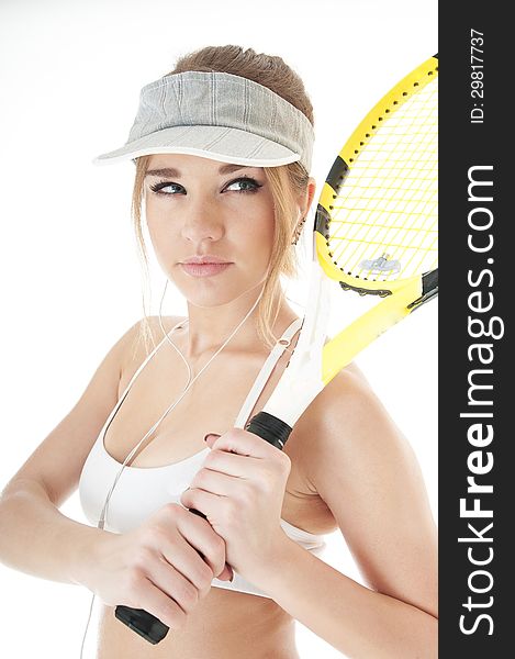 Seductive female tennis player with racket ready to take a hit tennis ball. Healthy lifestyle concept. Seductive female tennis player with racket ready to take a hit tennis ball. Healthy lifestyle concept.