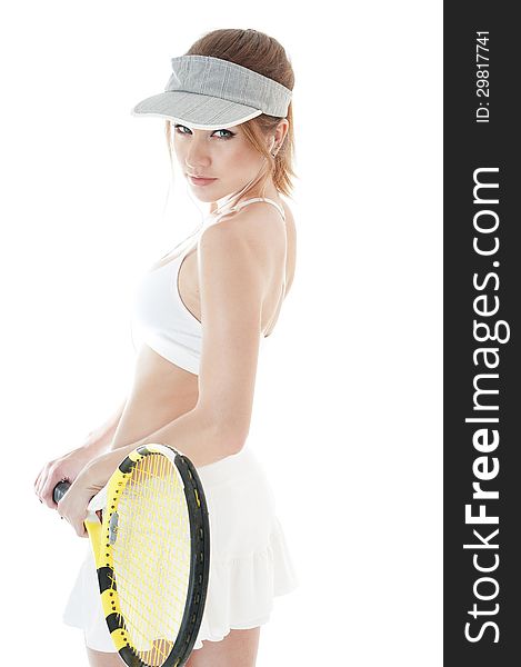 Seductive female tennis player with racket ready to take a hit tennis ball. Healthy lifestyle concept. Seductive female tennis player with racket ready to take a hit tennis ball. Healthy lifestyle concept.