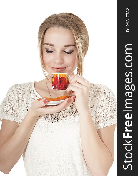 Dreamy Woman  With  Cup Of Coffee On A Plate.