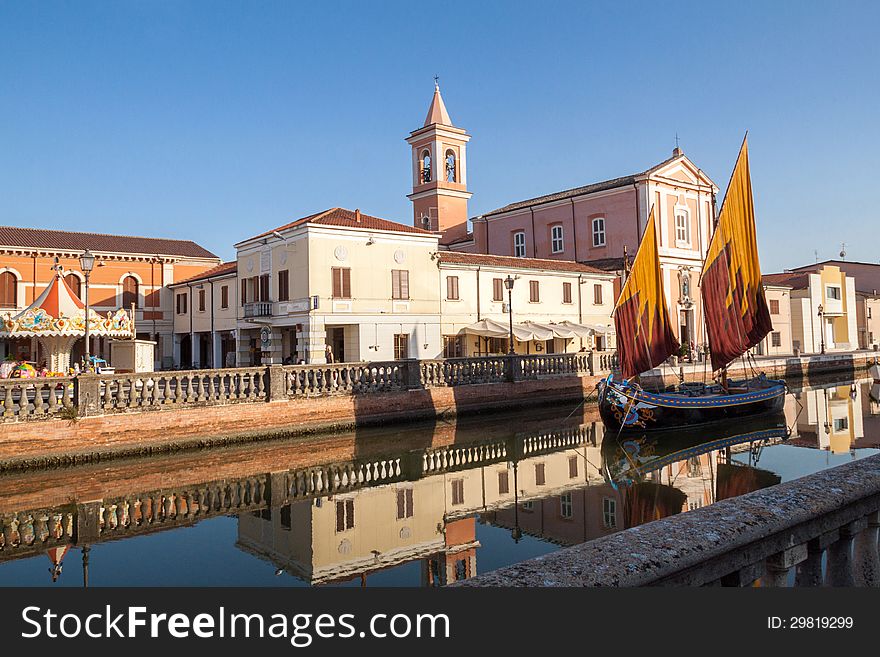 Historical sailboats on channel of cesenatico
