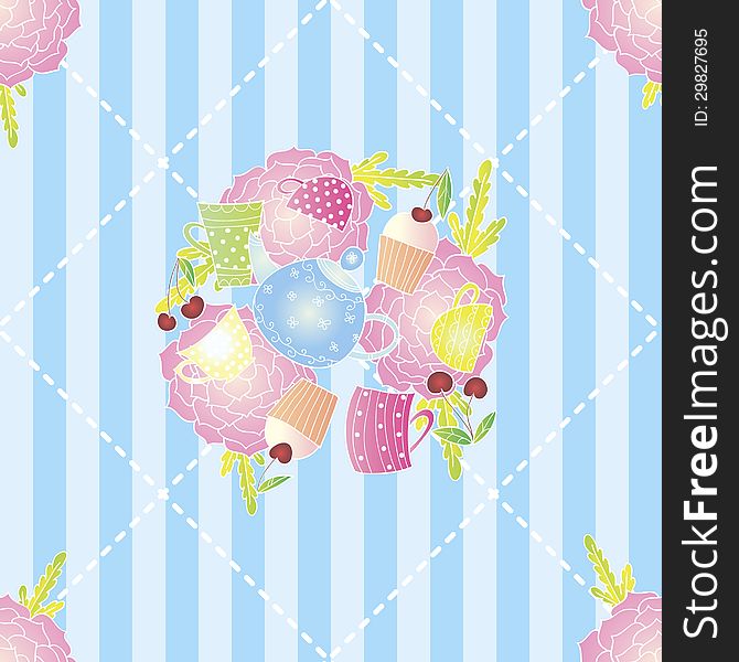 Vector seamless bright background with cups and teapot. Vector seamless bright background with cups and teapot