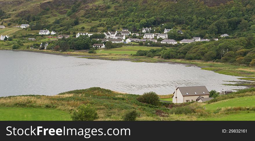 Isle of Skye landscape, Scotland, Uk. Small harbor along the coast