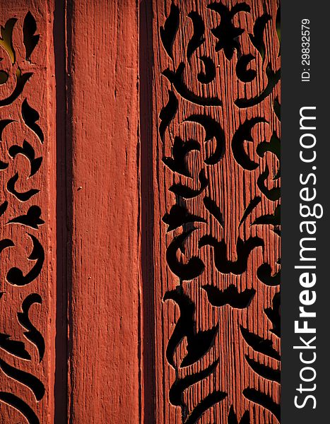 Wood door carvings with red paint. Wood door carvings with red paint