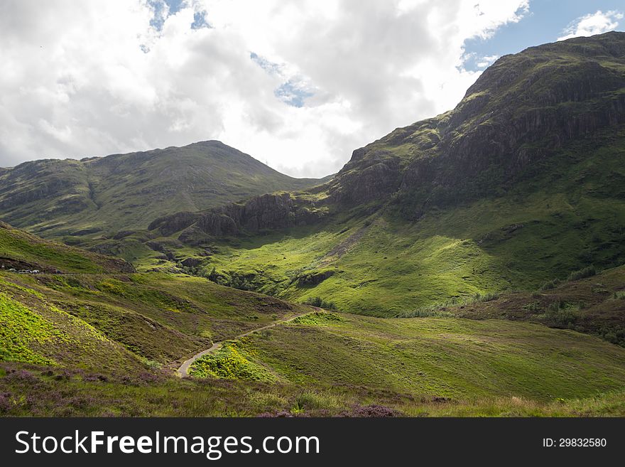 Scottish landscape in highlands near Fort William. Magnificient green mountains. Scottish landscape in highlands near Fort William. Magnificient green mountains