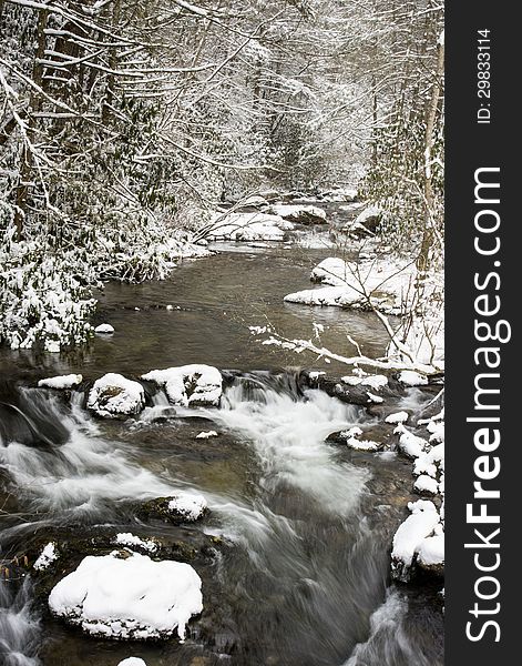 Snow Fall On A Narrow Mountain Stream.