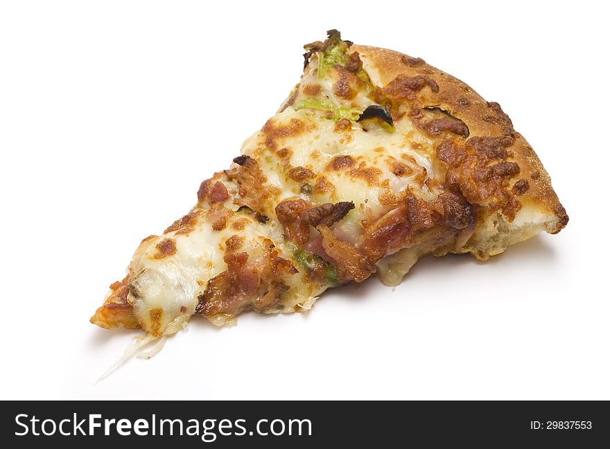 Piece of a combination pizza isolated on a white background. Piece of a combination pizza isolated on a white background.