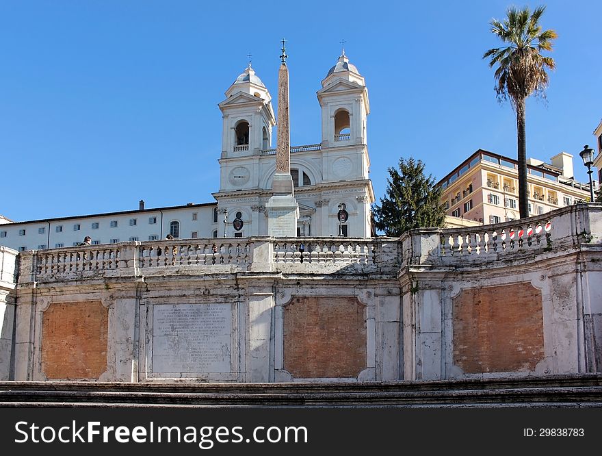 View of the church of Trinita dei Monti and the obelisk in front of her, Rome, Italy
