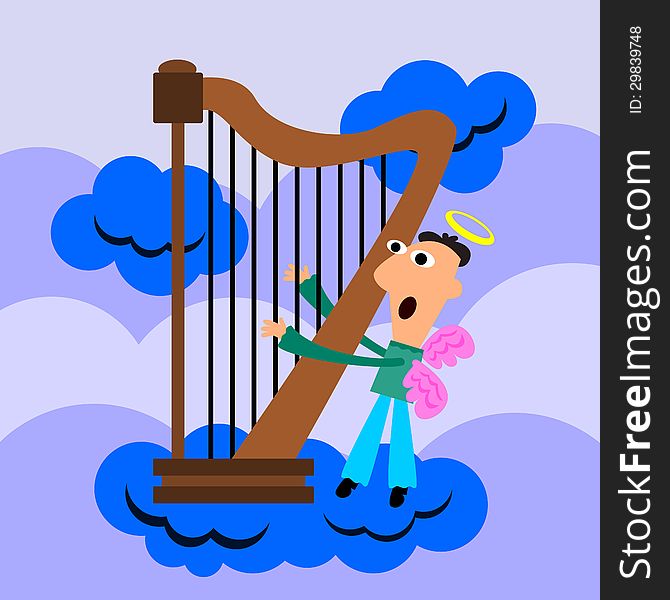 An angel on a cloud is playing a giant harp. An angel on a cloud is playing a giant harp