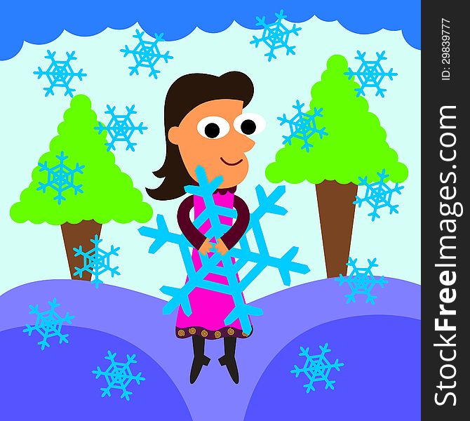 A smiling young cartoon woman is hugging a snowflake. A smiling young cartoon woman is hugging a snowflake