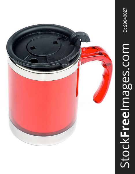 Red Thermos Mug with Black Lid isolated on white background