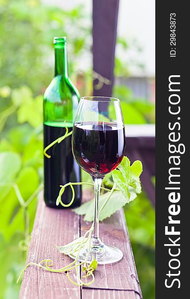 Bottle and glass with red wine in vineyard.