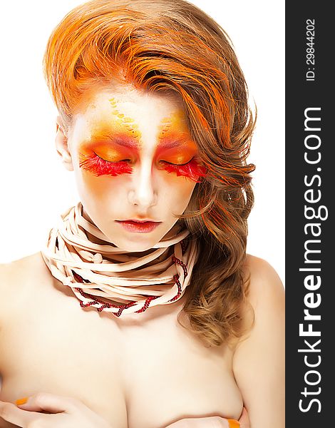 Fiery Stylized Woman with Closed Eyes. Red False Lashes. Creative Make up