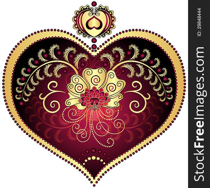 Large red romantic vintage heart with gold flower on white. (Vector EPS 10). Large red romantic vintage heart with gold flower on white. (Vector EPS 10)