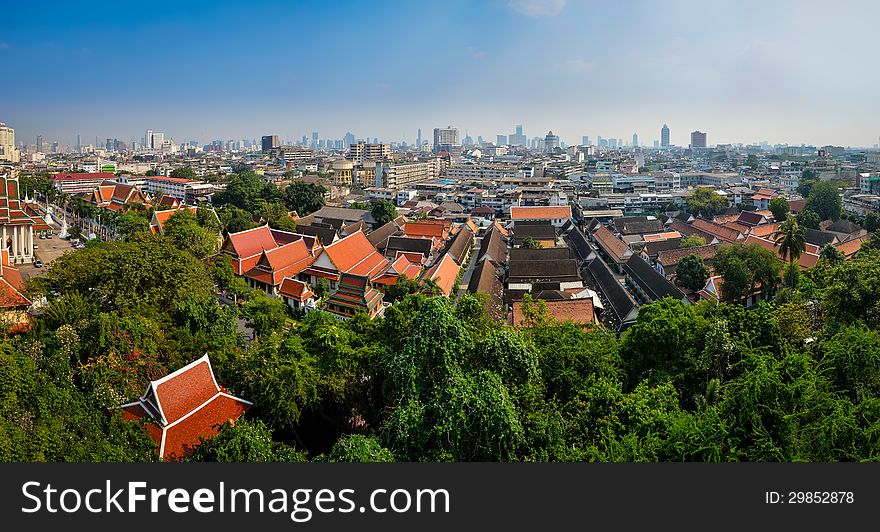 Panoramic aerial view of Bangkok from Golden mount temple, Bangkok, Thailand