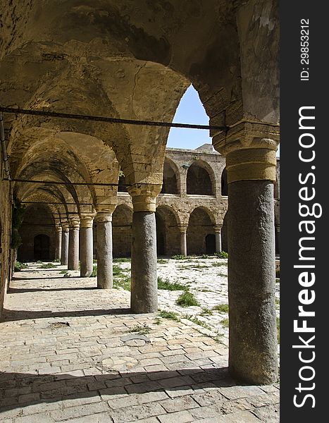 Acre Israel khan al-omdan ottoman building. Acre Israel khan al-omdan ottoman building