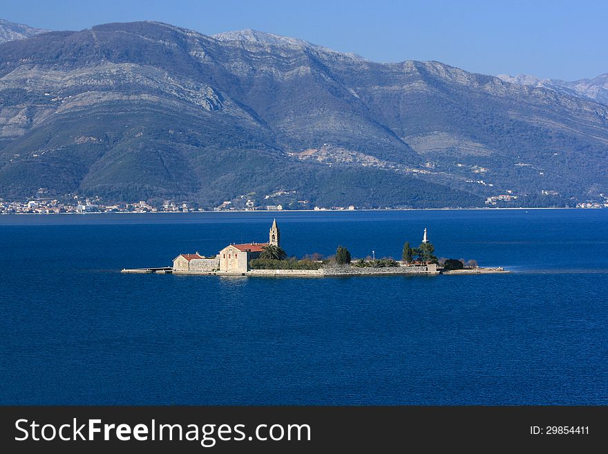 Ancient church on an island on Tivat bay near Kotor Montenegro. Ancient church on an island on Tivat bay near Kotor Montenegro