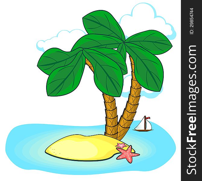 Small island with palm trees and starfish in ocean. Small island with palm trees and starfish in ocean