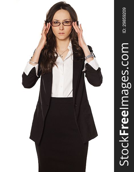 Nervous business woman adjust her glasses. Nervous business woman adjust her glasses