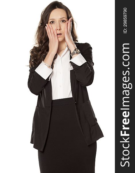 Ashamed business woman posing on a white background