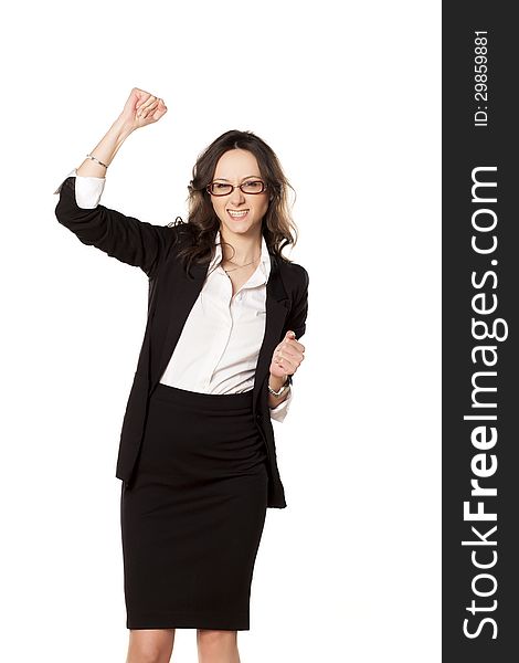 Nice business woman exulting with a hand up on white background