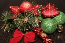 Christmas Composition With Red Balls, Christmas Trees And Toys On A Dark Background. New Year, Christmas, New Year Concept. Royalty Free Stock Photography Christmas Composition With Red Balls, Christmas Trees And Toys On A Dark Background. New Year, Christmas, New Year Concept. Royalty Free Stock Photography