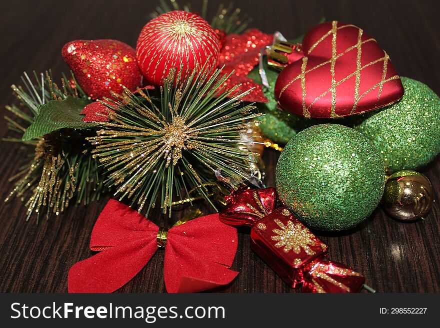 Christmas Composition With Red Balls, Christmas Trees And Toys On A Dark Background. New Year, Christmas, New Year Concept.