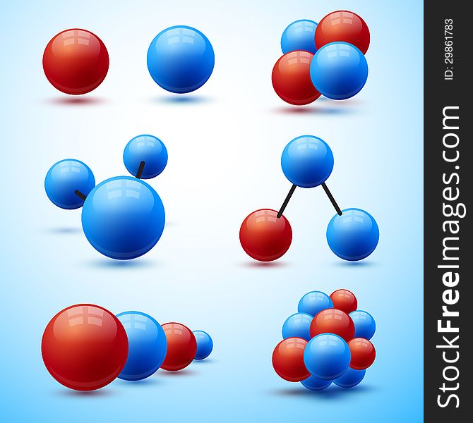 Spheres abstract set. Red and blue balls with shadows vector illustration