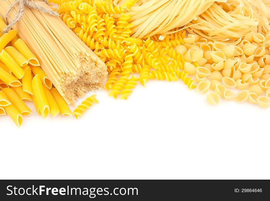 Different types of Italian pasta on white background, food ingredients. Different types of Italian pasta on white background, food ingredients