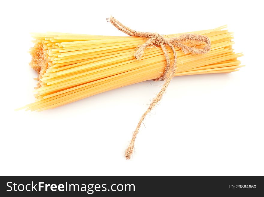 Italian pasta spaghetti on white background, food ingredients