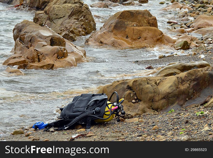 Diving equipment on empty beach