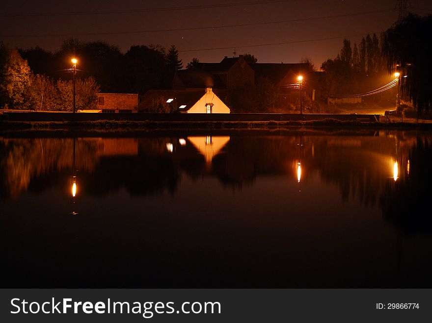 House reflection in a lake during the night
