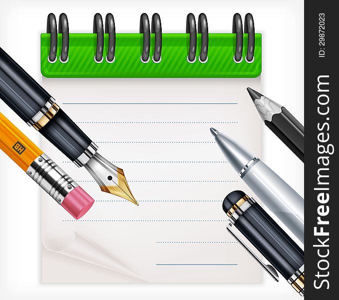 Notebook and writing tools on white, vector illustration