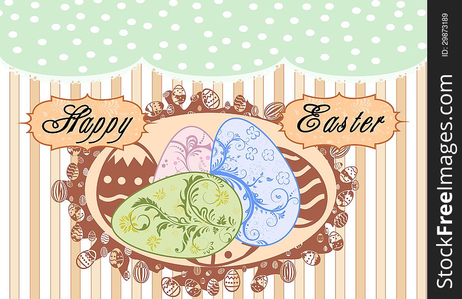 Artwork with references to Easter, with easter eggs, in retro style.