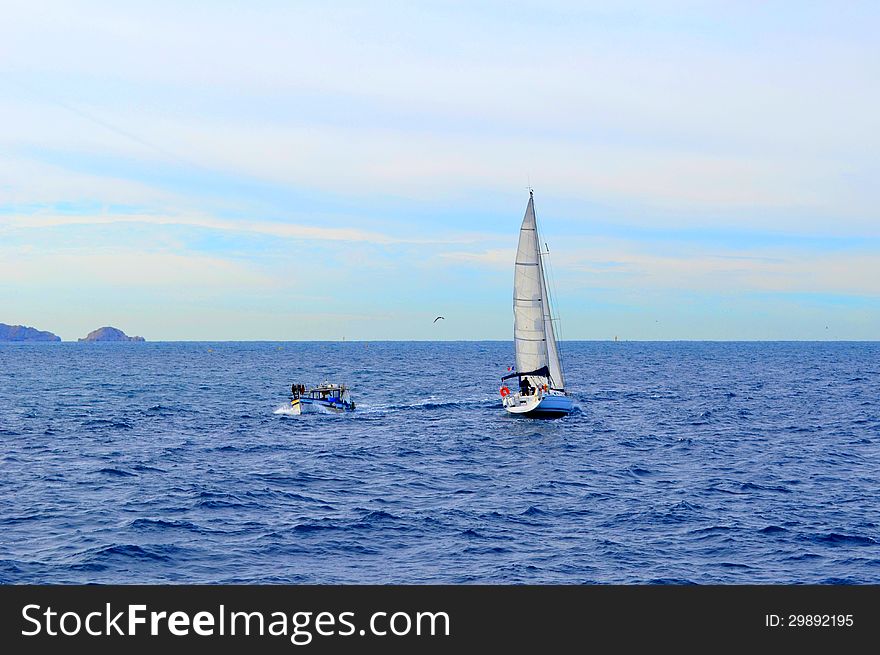 Yacht and boat of the bright blue sea, Marseille, France