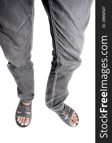 Man wearing dirty sandals on white background. Man wearing dirty sandals on white background