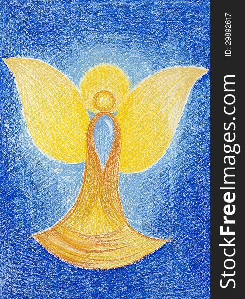 Hand drawn illustration, in pastel chalk technique, showing a beautiful golden angel flying in the sky. Hand drawn illustration, in pastel chalk technique, showing a beautiful golden angel flying in the sky