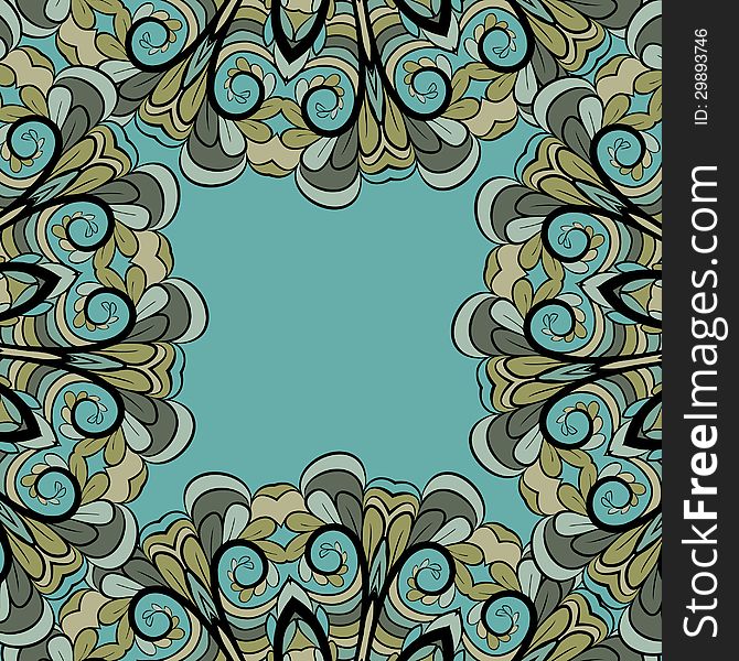 Abstract green-gray frame with floral elements and cyan background