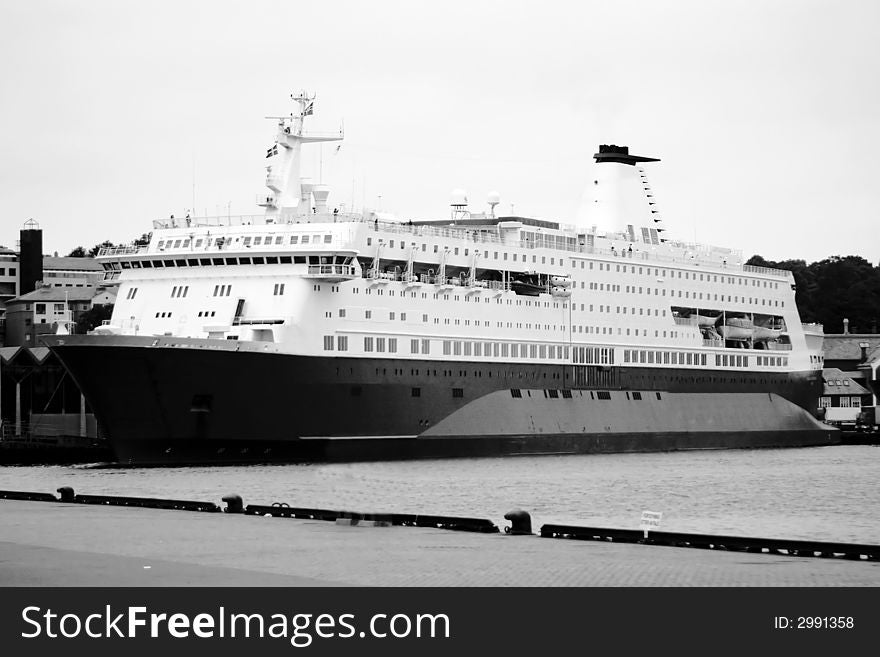 A large ferry boat in a port, monochrome photo. BEAUTY OF NORWAY COLLECTION Â». A large ferry boat in a port, monochrome photo. BEAUTY OF NORWAY COLLECTION Â»