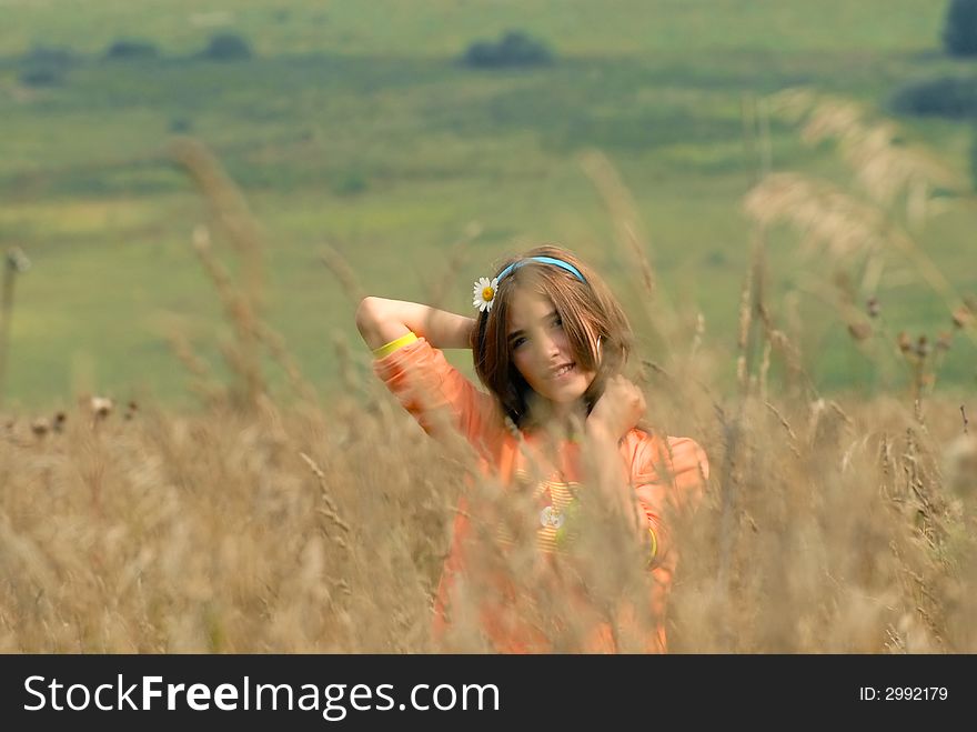 Girl with camomile on a meadow. Girl with camomile on a meadow