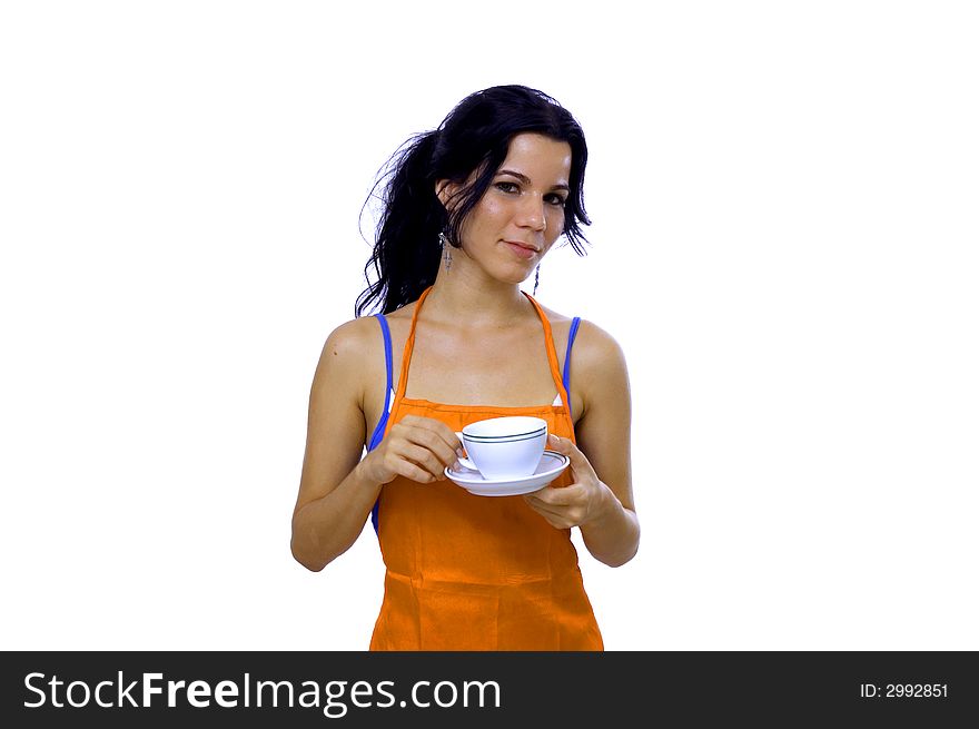 Young cook girl on a coffee break - isolated over white background. Young cook girl on a coffee break - isolated over white background