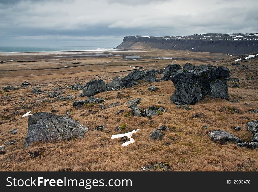 Icelandic landscape with rocks and grass