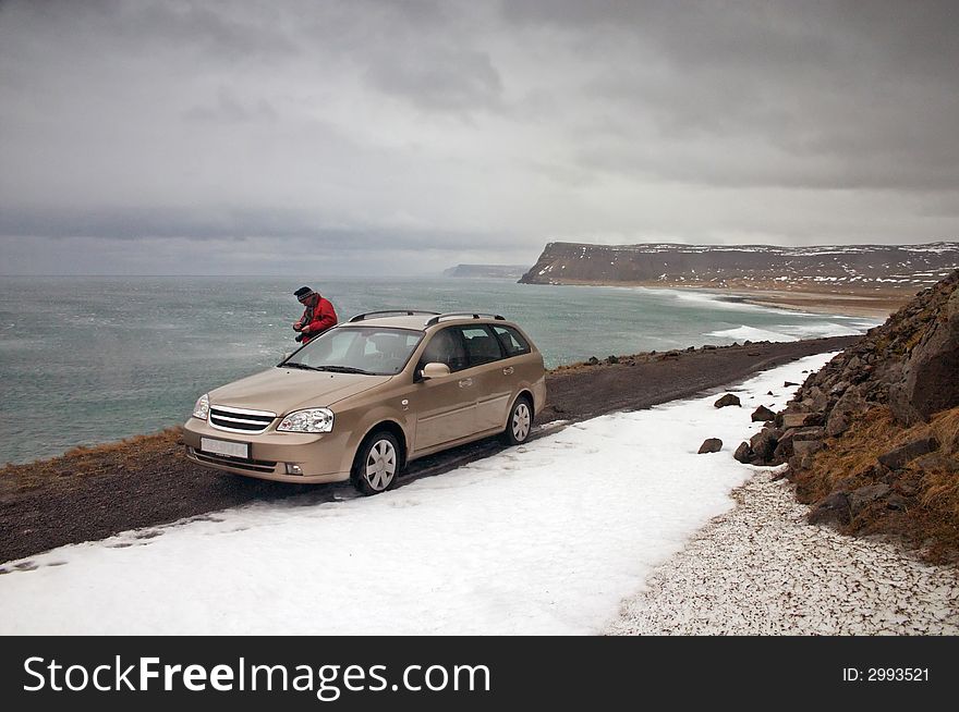 Car standing on the road in Latrabjarg, Iceland. Car standing on the road in Latrabjarg, Iceland