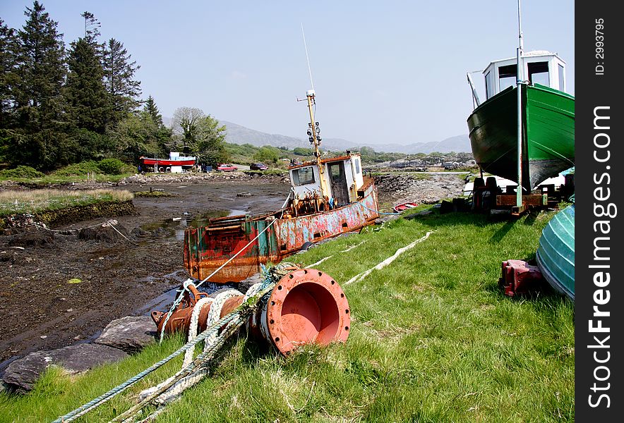 Beached Fishing Boats on a Coastal Estuary in Ireland with the Tide out
