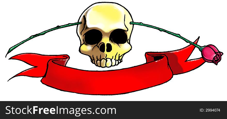 Skull, banner and rose tatoo (vector illustration)