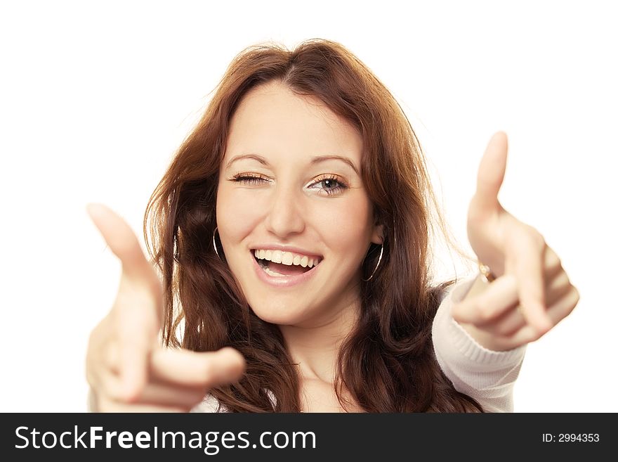 Young lady expressing her emotions to the camera, over white. Young lady expressing her emotions to the camera, over white